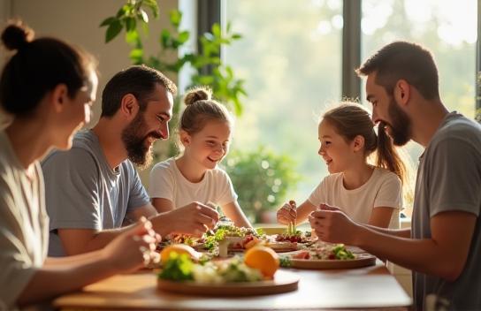 Famille souriante mangeant sainement